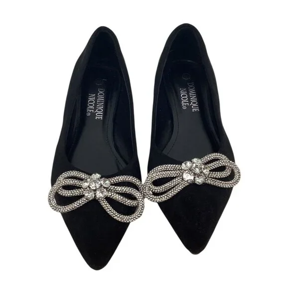 Dominique Nicole Womens Black Flats With Rhinestone Bow Embellishment Size 8M - Picture 1 of 6